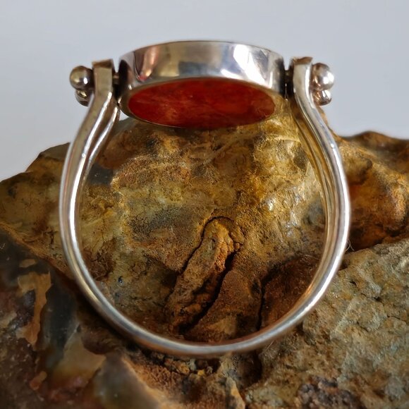 Sterling Silver Reversible Inlay Set Oval Red Coral & Turquoise Ring Size 7.75 - Picture 10 of 15